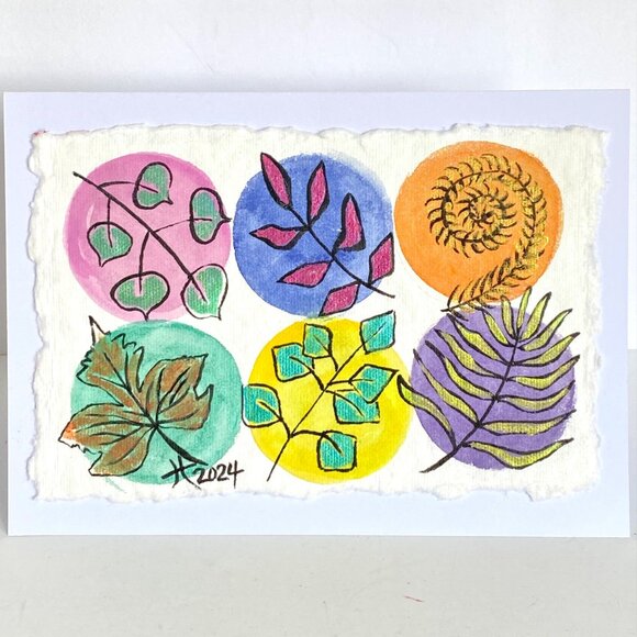 Shimmer Leaves Watercolor Ink Acrylic Art Handmade Original Blank Greeting Card - Picture 2 of 5